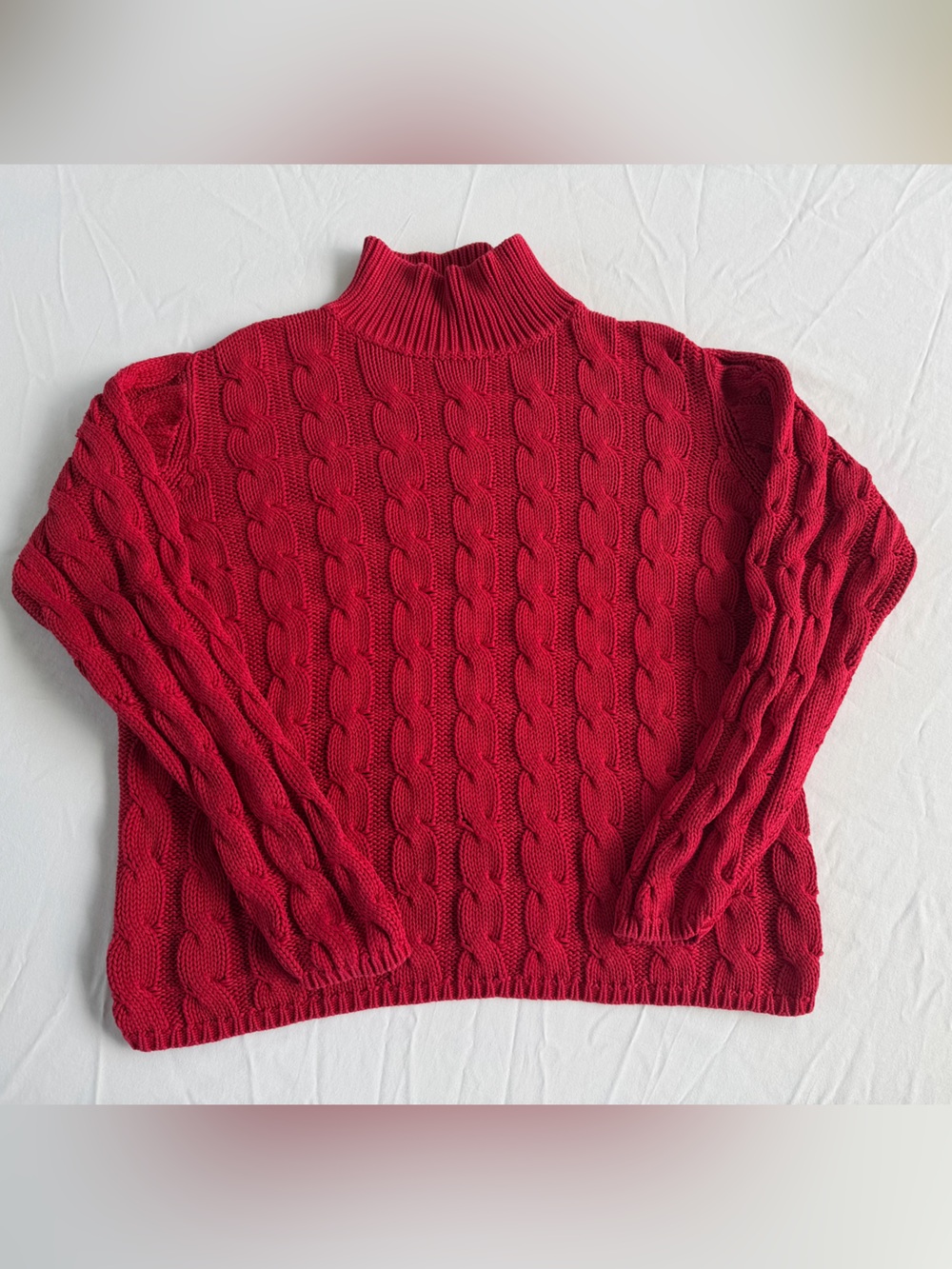L.L. Bean Cable Knit Mock Neck Women's Sweater Size Med 100% Cotton Red Y2K